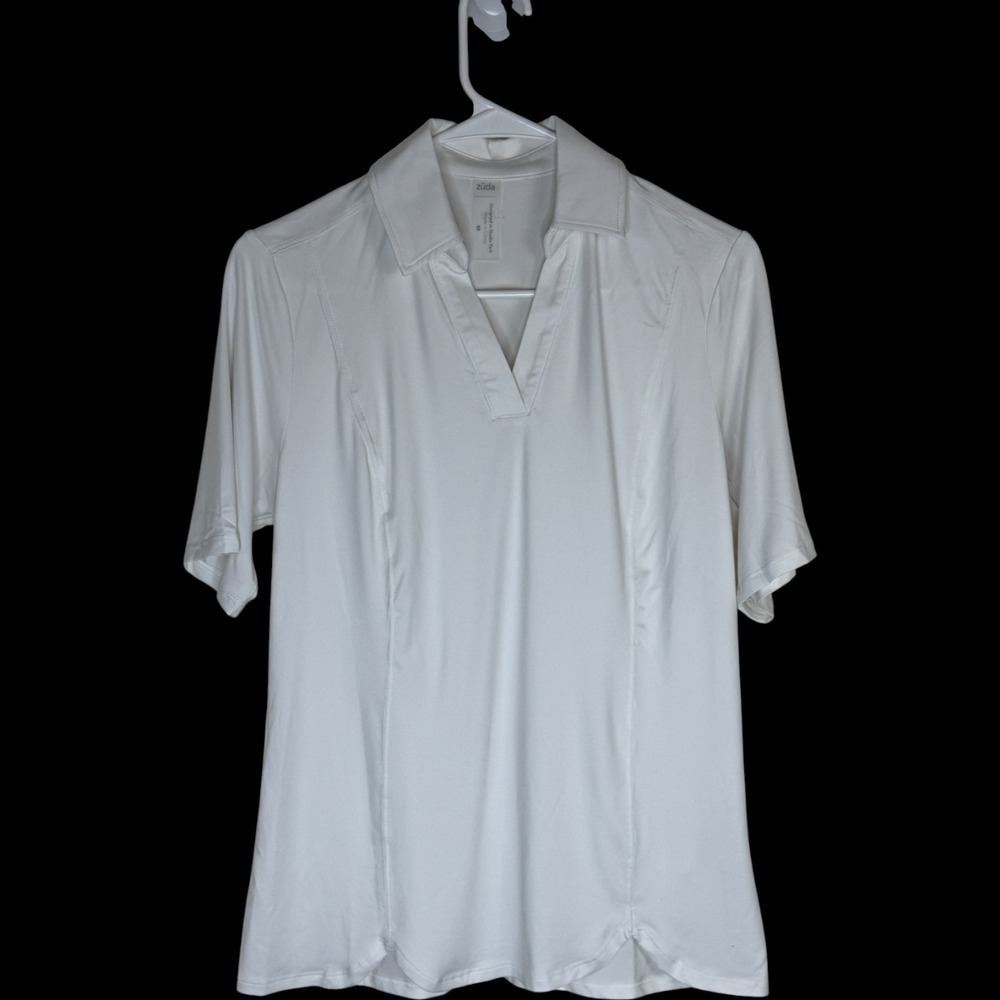 Zuda Women's White Short Sleeve V-Neck Golf Polo Shirt XS Collared Sport Outdoor